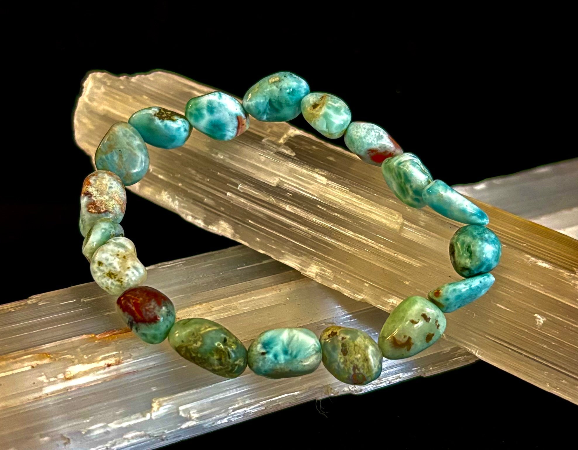 Larimar Nugget Stretch Bracelet – Small Wrist Fit | Natural Larimar Stone Bracelet | Ocean Energy Healing Jewelry | | Wiccan Center