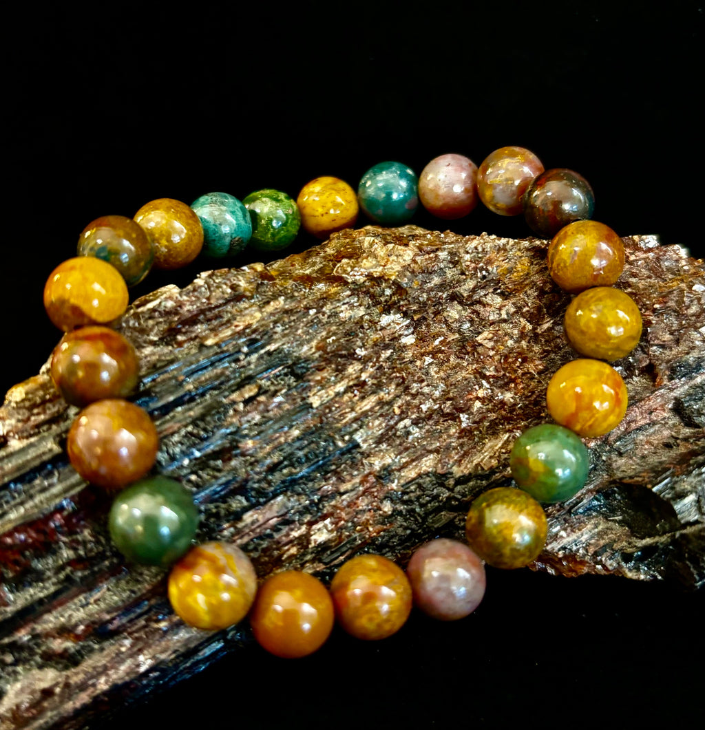 Ocean Jasper Bracelet – 8mm Natural Stone Beads | Medium Wrist Fit | Healing Crystal Jewelry for Joy & Balance | | Wiccan Center