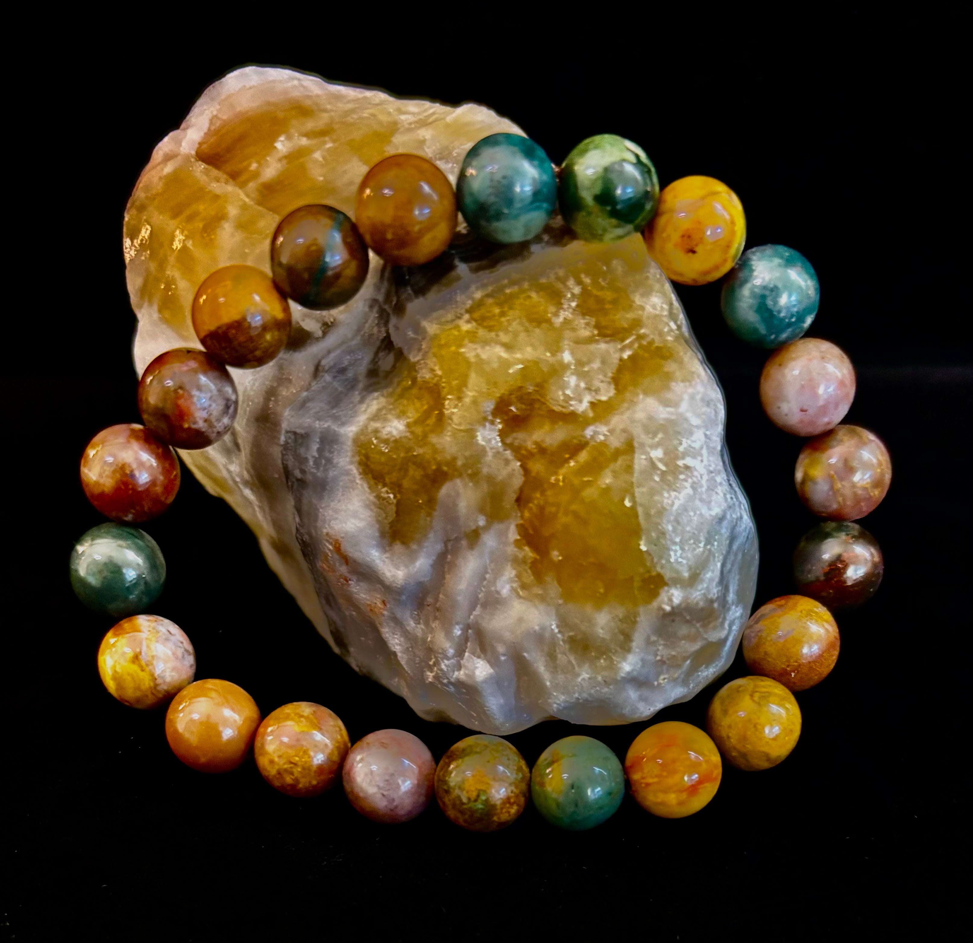 Ocean Jasper Bracelet – 8mm Natural Stone Beads | Medium Wrist Fit | Healing Crystal Jewelry for Joy & Balance | | Wiccan Center