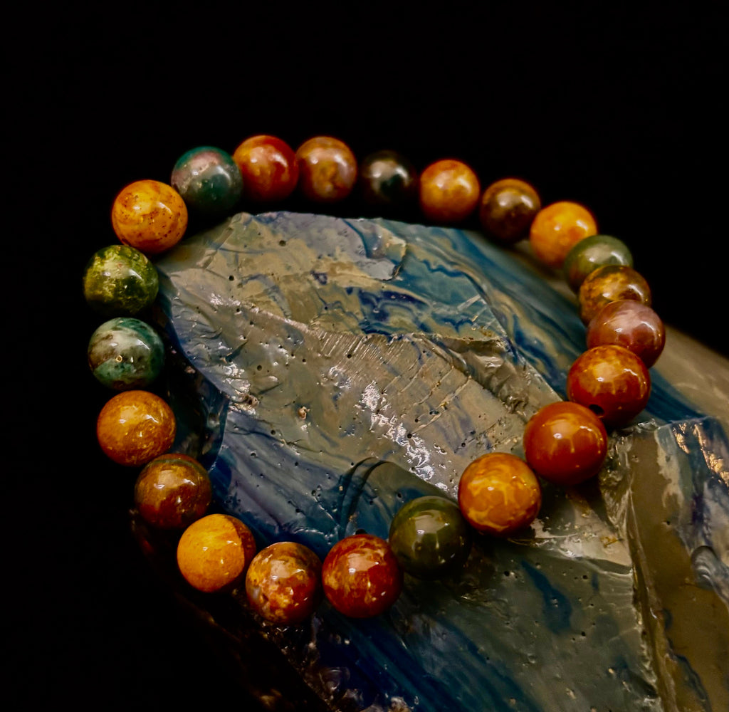 Ocean Jasper Bracelet – 8mm Natural Stone Beads | Medium Wrist Fit | Healing Crystal Jewelry for Joy & Balance | | Wiccan Center