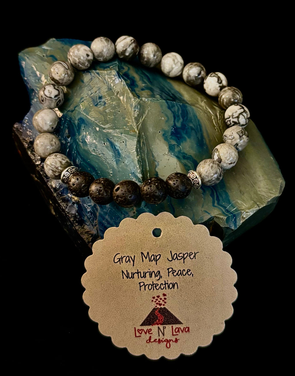 Gray Map Jasper & Lava Stone Bracelet – 8mm Natural Stone Beads | Unisex Stretch Bracelet | Grounding & Diffuser Jewelry | | Wiccan Center
