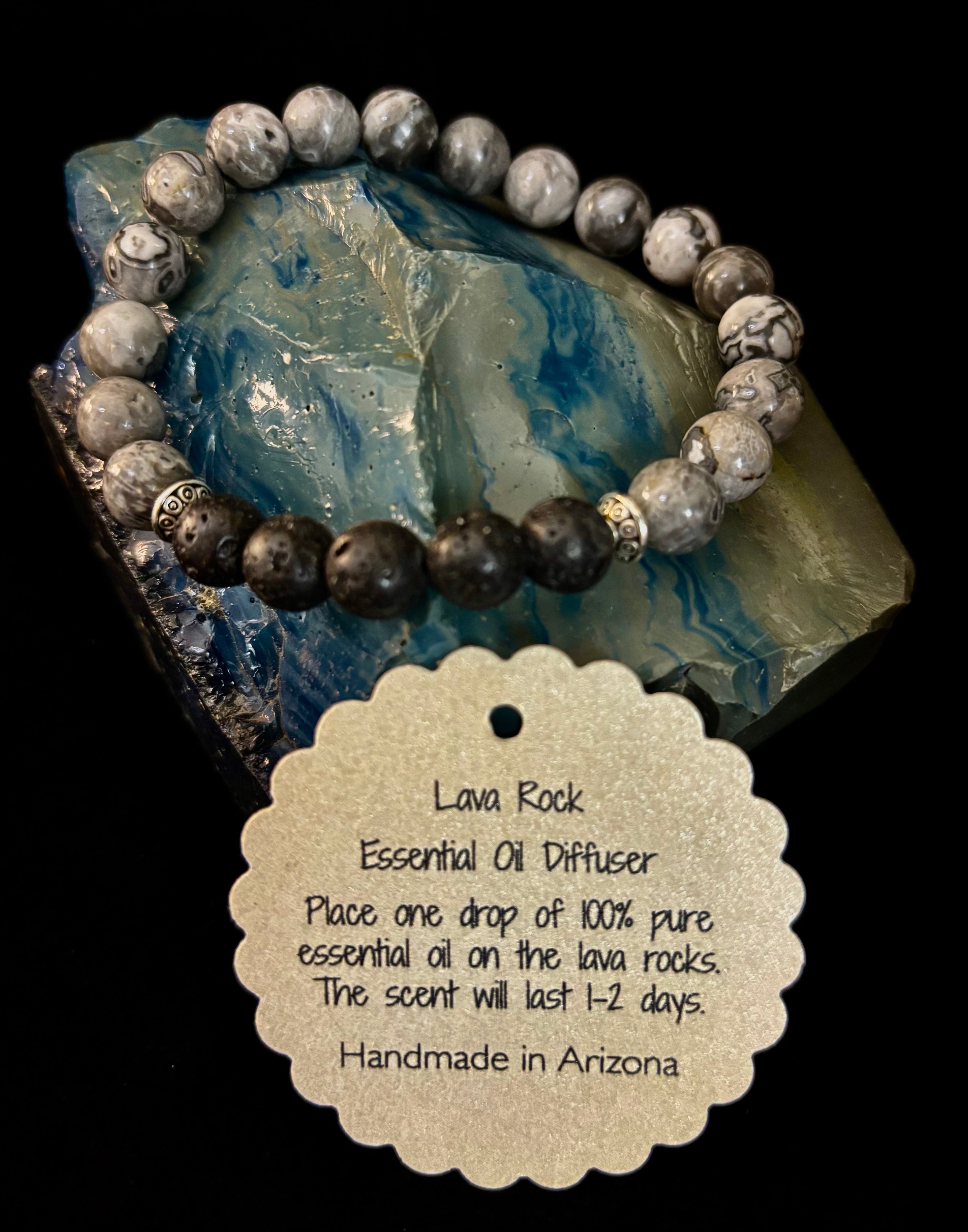 Gray Map Jasper & Lava Stone Bracelet – 8mm Natural Stone Beads | Unisex Stretch Bracelet | Grounding & Diffuser Jewelry | | Wiccan Center