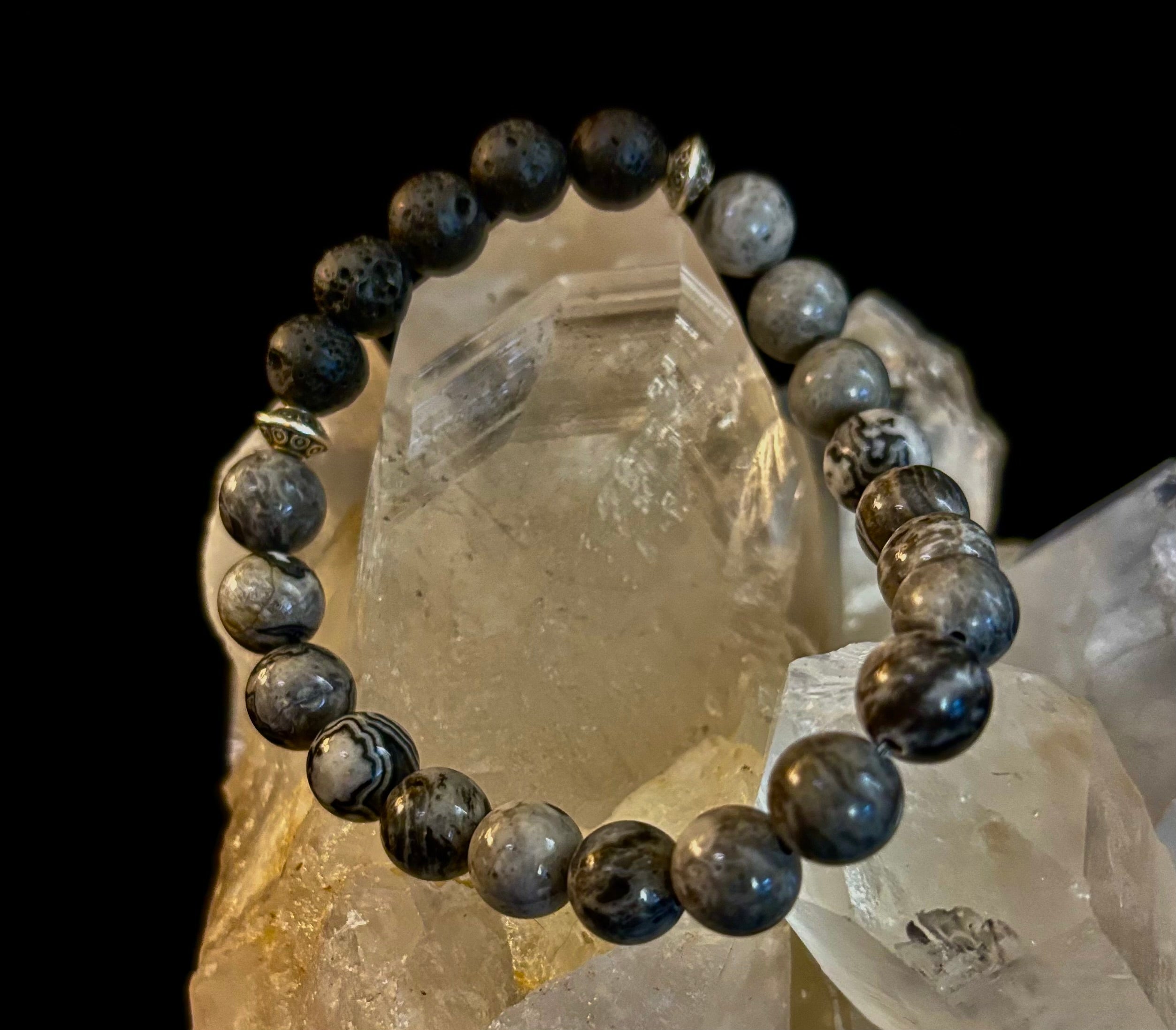 Gray Map Jasper & Lava Stone Bracelet – 8mm Natural Stone Beads | Unisex Stretch Bracelet | Grounding & Diffuser Jewelry | | Wiccan Center