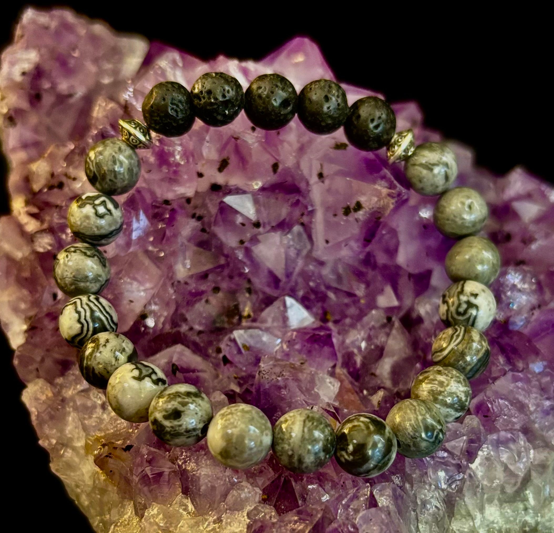 Gray Map Jasper & Lava Stone Bracelet – 8mm Natural Stone Beads | Unisex Stretch Bracelet | Grounding & Diffuser Jewelry | | Wiccan Center