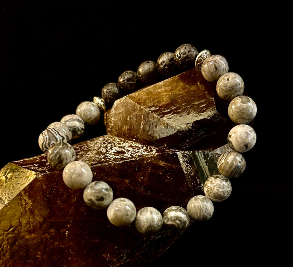 Gray Map Jasper & Lava Stone Bracelet – 8mm Natural Stone Beads | Unisex Stretch Bracelet | Grounding & Diffuser Jewelry | | Wiccan Center