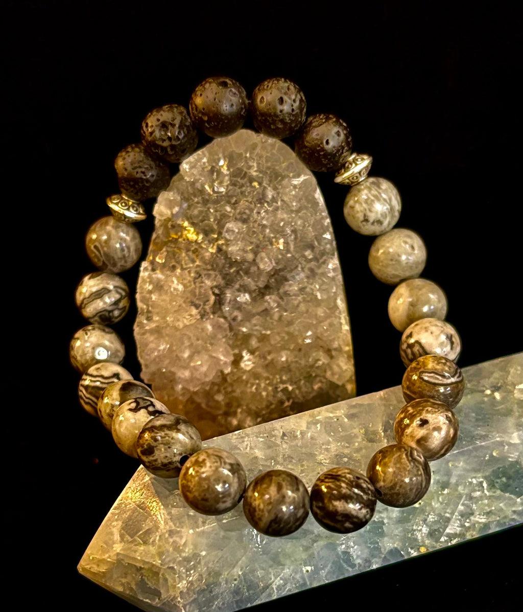 Gray Map Jasper & Lava Stone Bracelet – 8mm Natural Stone Beads | Unisex Stretch Bracelet | Grounding & Diffuser Jewelry | | Wiccan Center