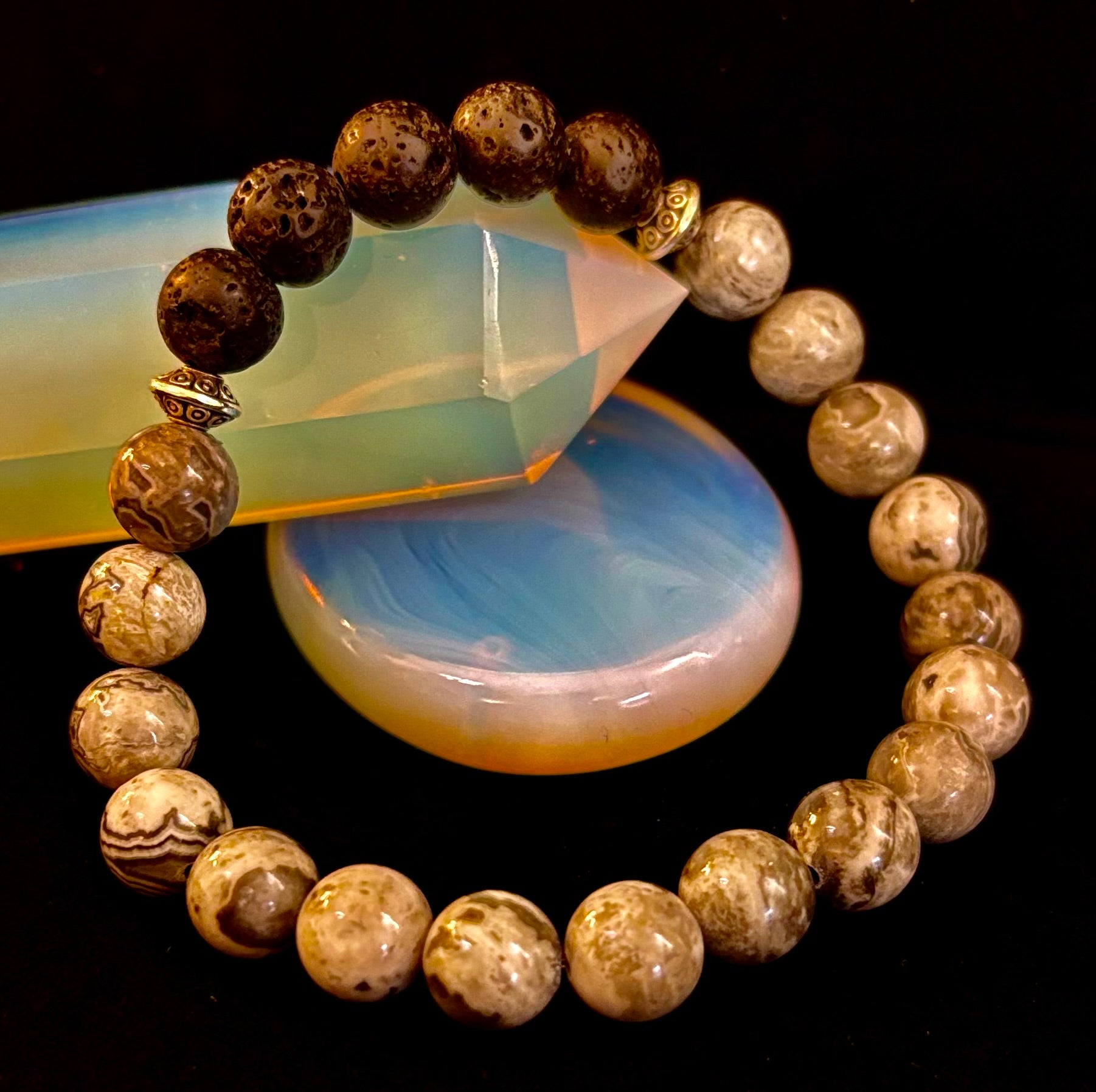 Gray Map Jasper & Lava Stone Bracelet – 8mm Natural Stone Beads | Unisex Stretch Bracelet | Grounding & Diffuser Jewelry | | Wiccan Center