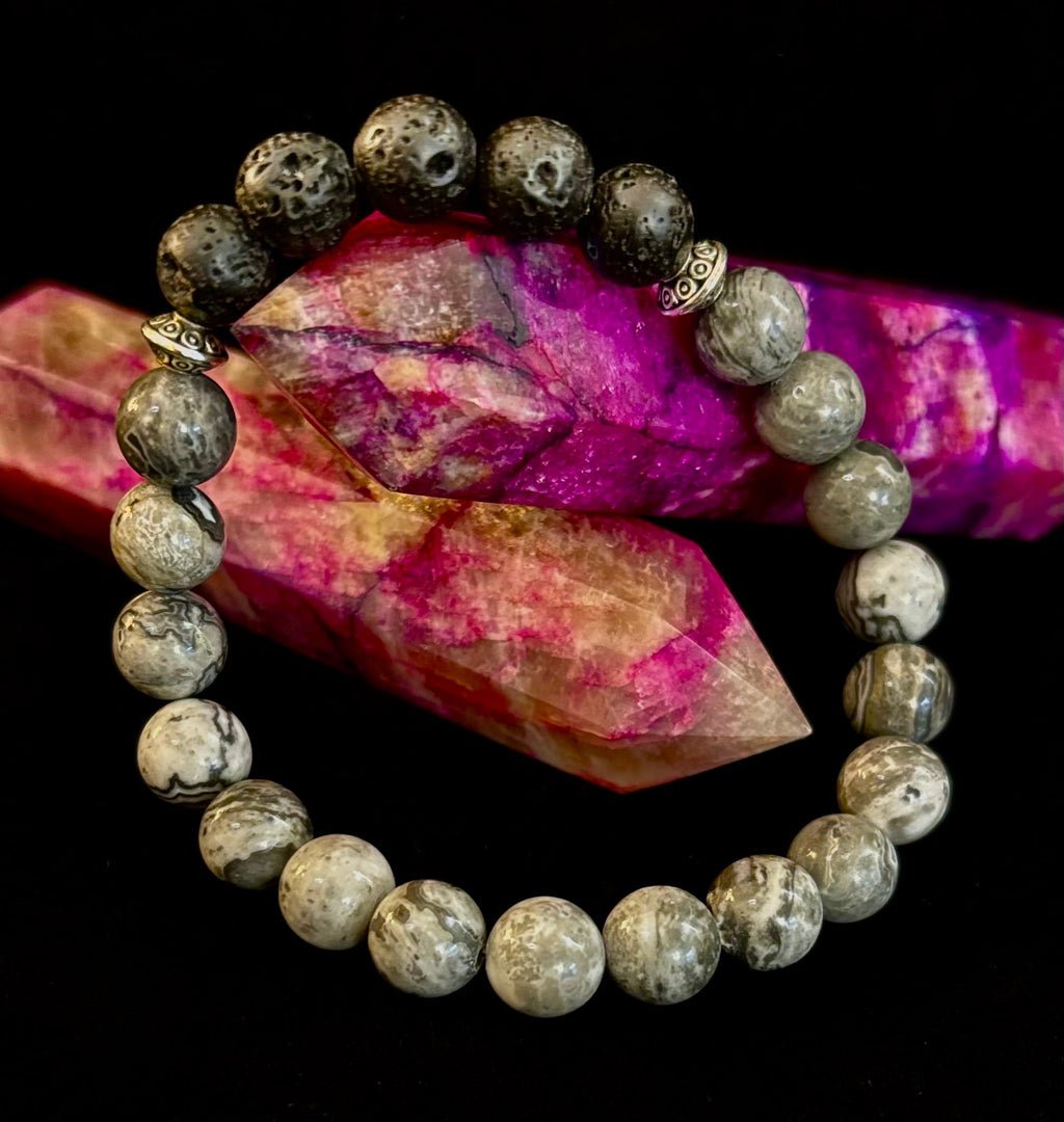 Gray Map Jasper & Lava Stone Bracelet – 8mm Natural Stone Beads | Unisex Stretch Bracelet | Grounding & Diffuser Jewelry | | Wiccan Center