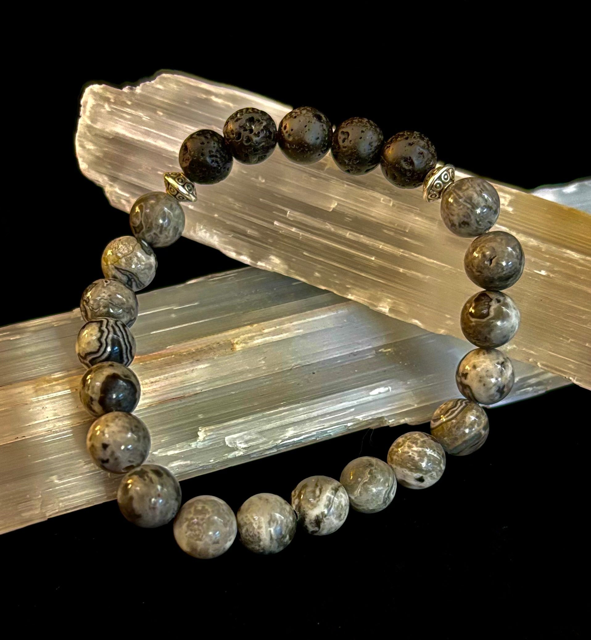 Gray Map Jasper & Lava Stone Bracelet – 8mm Natural Stone Beads | Unisex Stretch Bracelet | Grounding & Diffuser Jewelry | | Wiccan Center