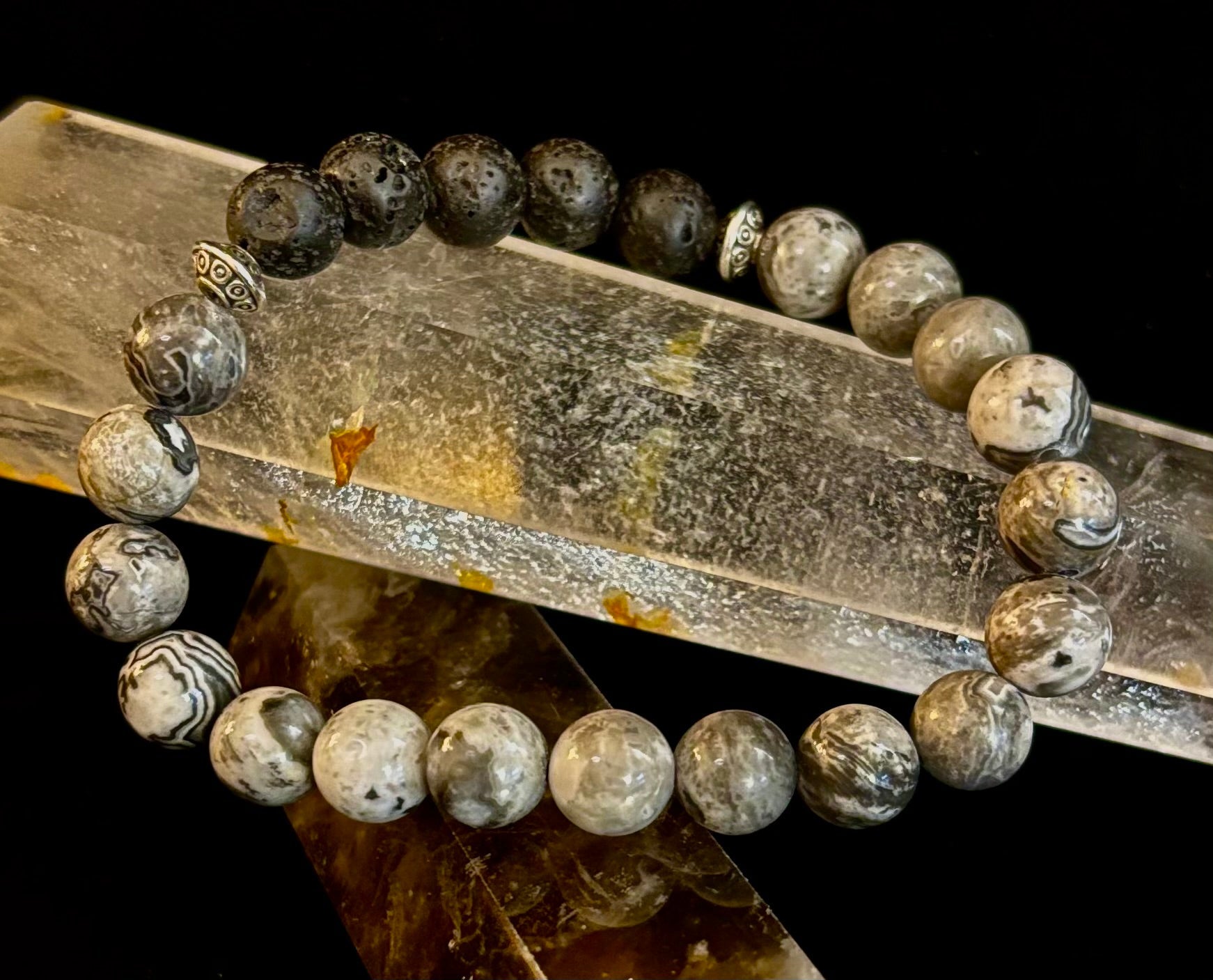 Gray Map Jasper & Lava Stone Bracelet – 8mm Natural Stone Beads | Unisex Stretch Bracelet | Grounding & Diffuser Jewelry | | Wiccan Center