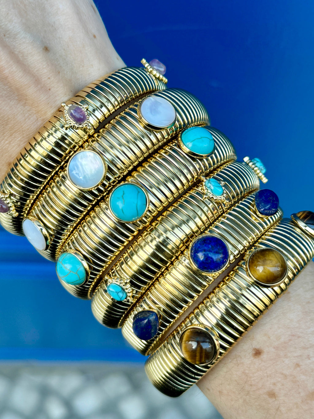 Tiger's Eye or Lapis Gold Plate Omega Bracelet