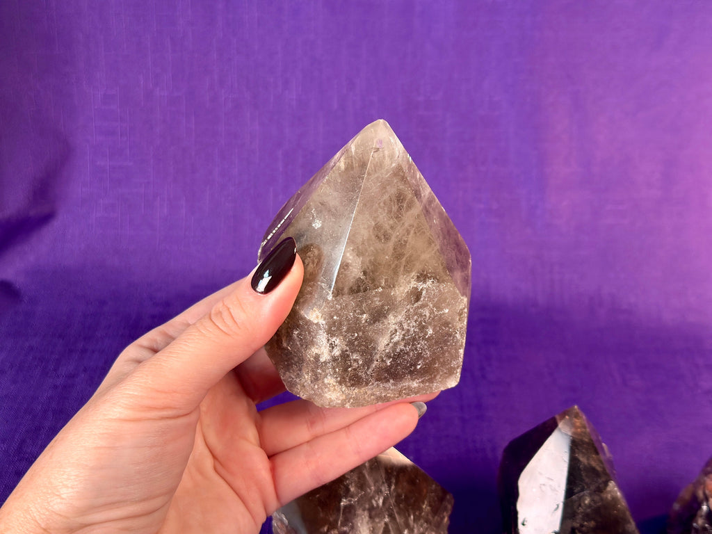 Smoky Quartz Top Polished Rough Point — Standing Smoky Quartz Crystal with Cut Base