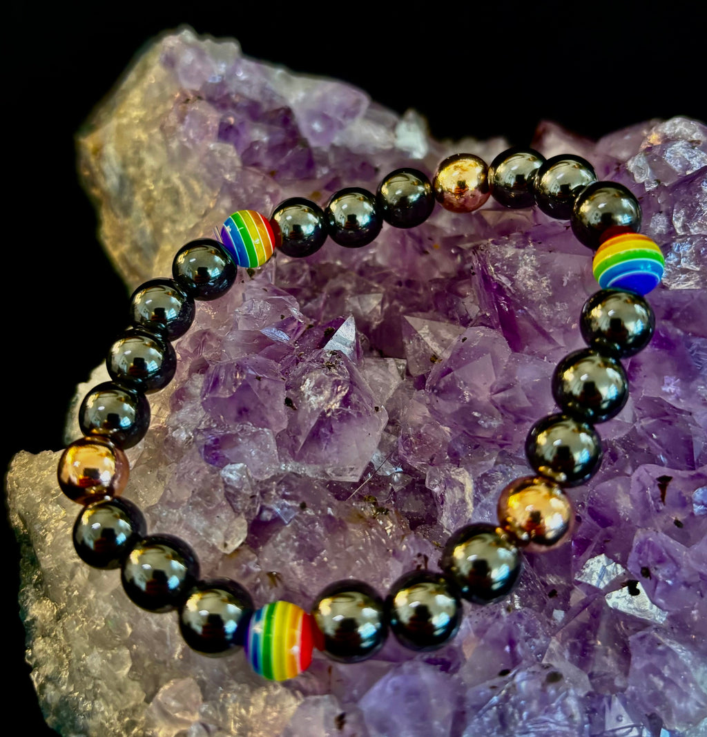 LGBTQ+ Pride Black Stone Beaded Bracelet – For Every Identity | 8mm Rainbow Stripe Beads | Gold or Rose Gold Accent Bracelet | | Wiccan Center