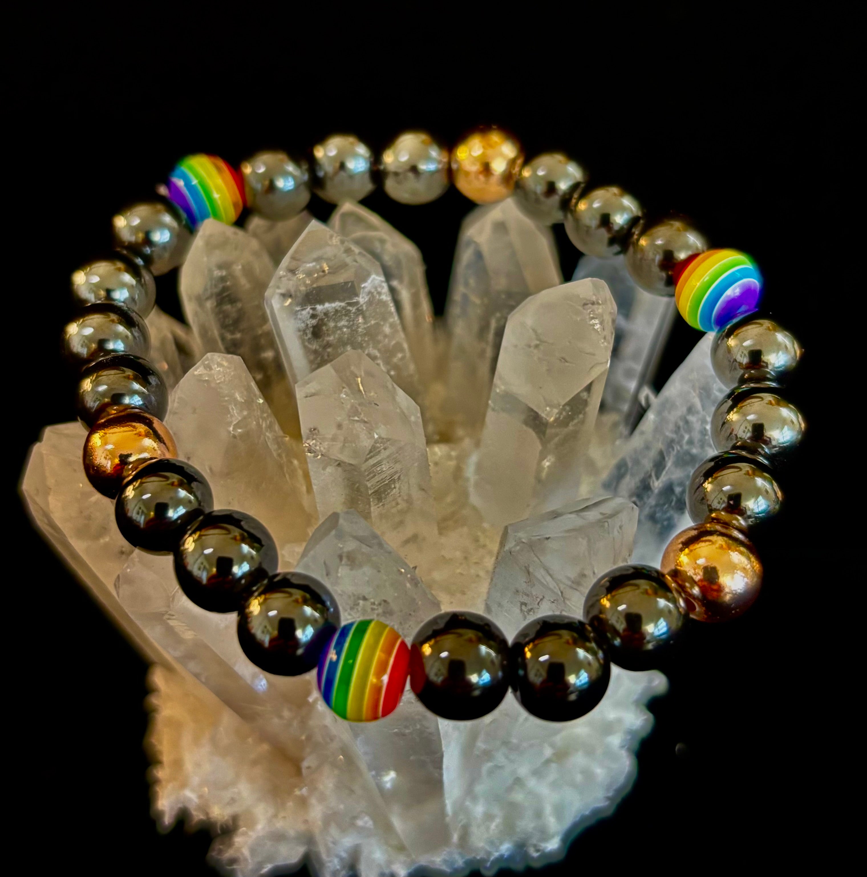 LGBTQ+ Pride Black Stone Beaded Bracelet – For Every Identity | 8mm Rainbow Stripe Beads | Gold or Rose Gold Accent Bracelet | | Wiccan Center