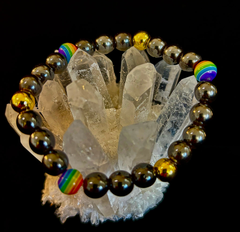 LGBTQ+ Pride Black Stone Beaded Bracelet – For Every Identity | 8mm Rainbow Stripe Beads | Gold or Rose Gold Accent Bracelet | | Wiccan Center