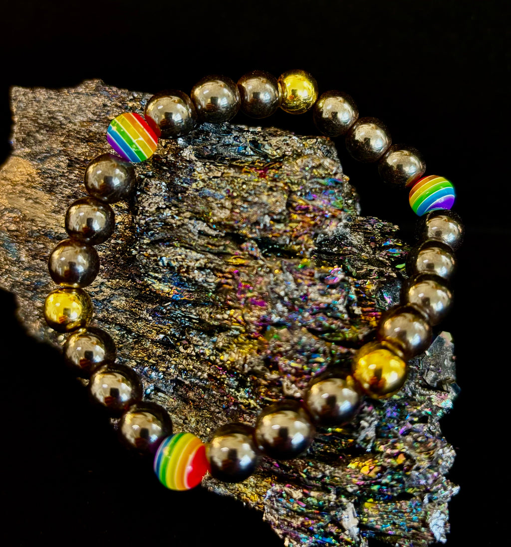 LGBTQ+ Pride Black Stone Beaded Bracelet – For Every Identity | 8mm Rainbow Stripe Beads | Gold or Rose Gold Accent Bracelet | | Wiccan Center
