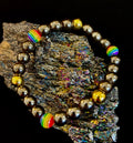 LGBTQ+ Pride Black Stone Beaded Bracelet – For Every Identity | 8mm Rainbow Stripe Beads | Gold or Rose Gold Accent Bracelet | | Wiccan Center