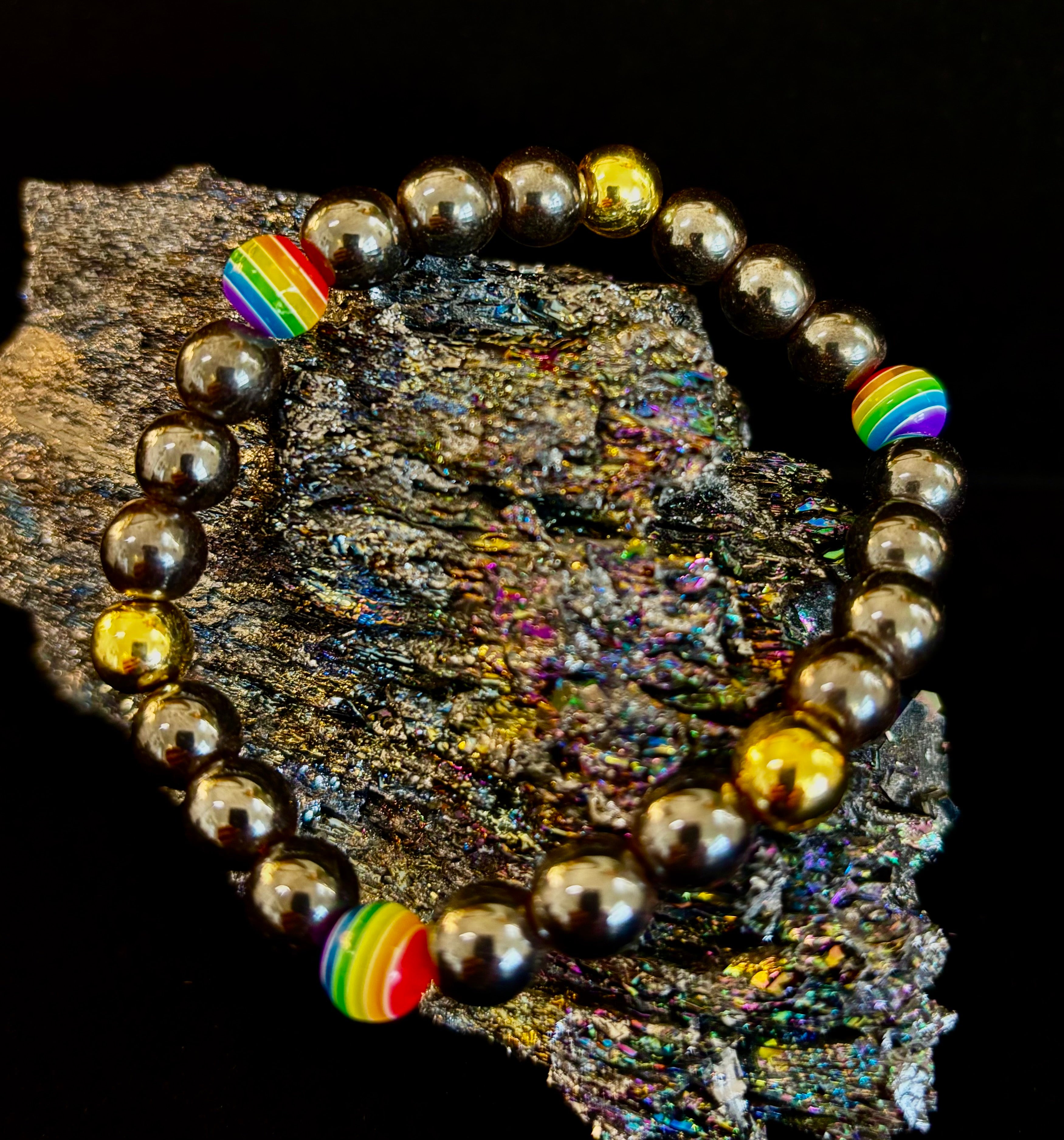 LGBTQ+ Pride Black Stone Beaded Bracelet – For Every Identity | 8mm Rainbow Stripe Beads | Gold or Rose Gold Accent Bracelet | | Wiccan Center