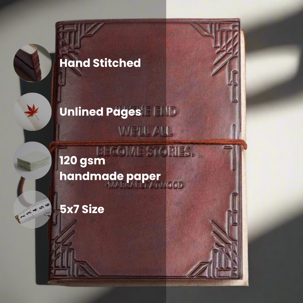 "In The End, We All Become Stories" Margaret Atwood Leather Journal | Journal | Wiccan Center