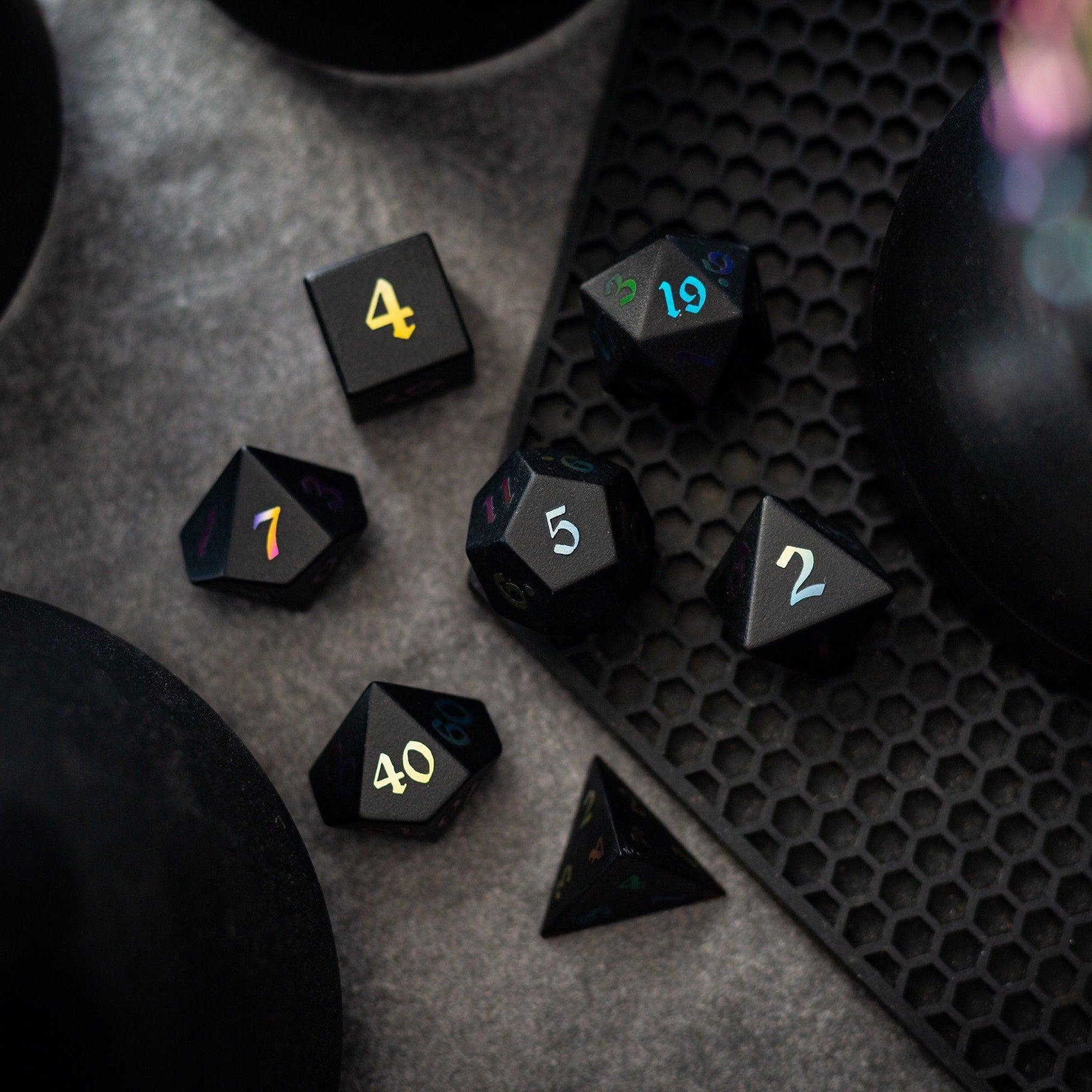 Inked Black Night Raised Obsidian Hand Carved Dice DND Set | Gemstone Dice | Wiccan Center