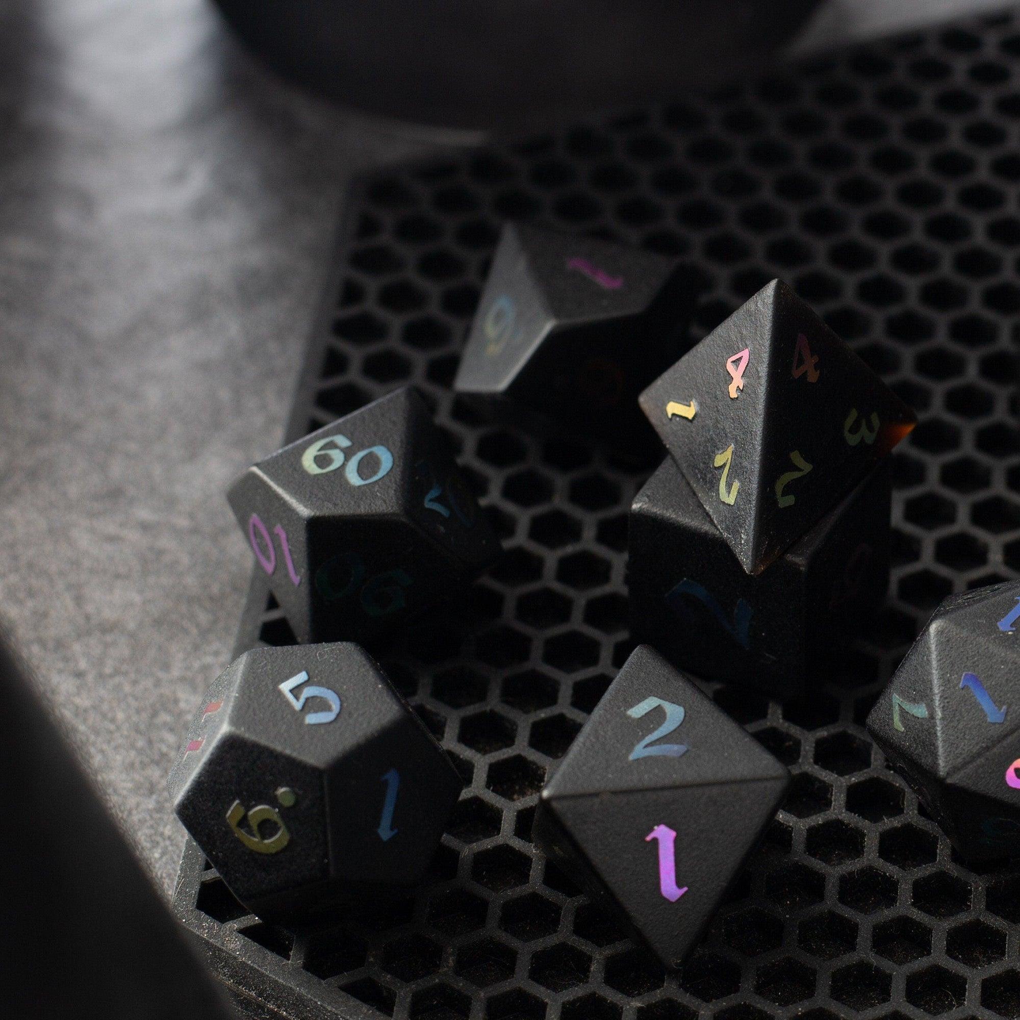 Inked Black Night Raised Obsidian Hand Carved Dice DND Set | Gemstone Dice | Wiccan Center