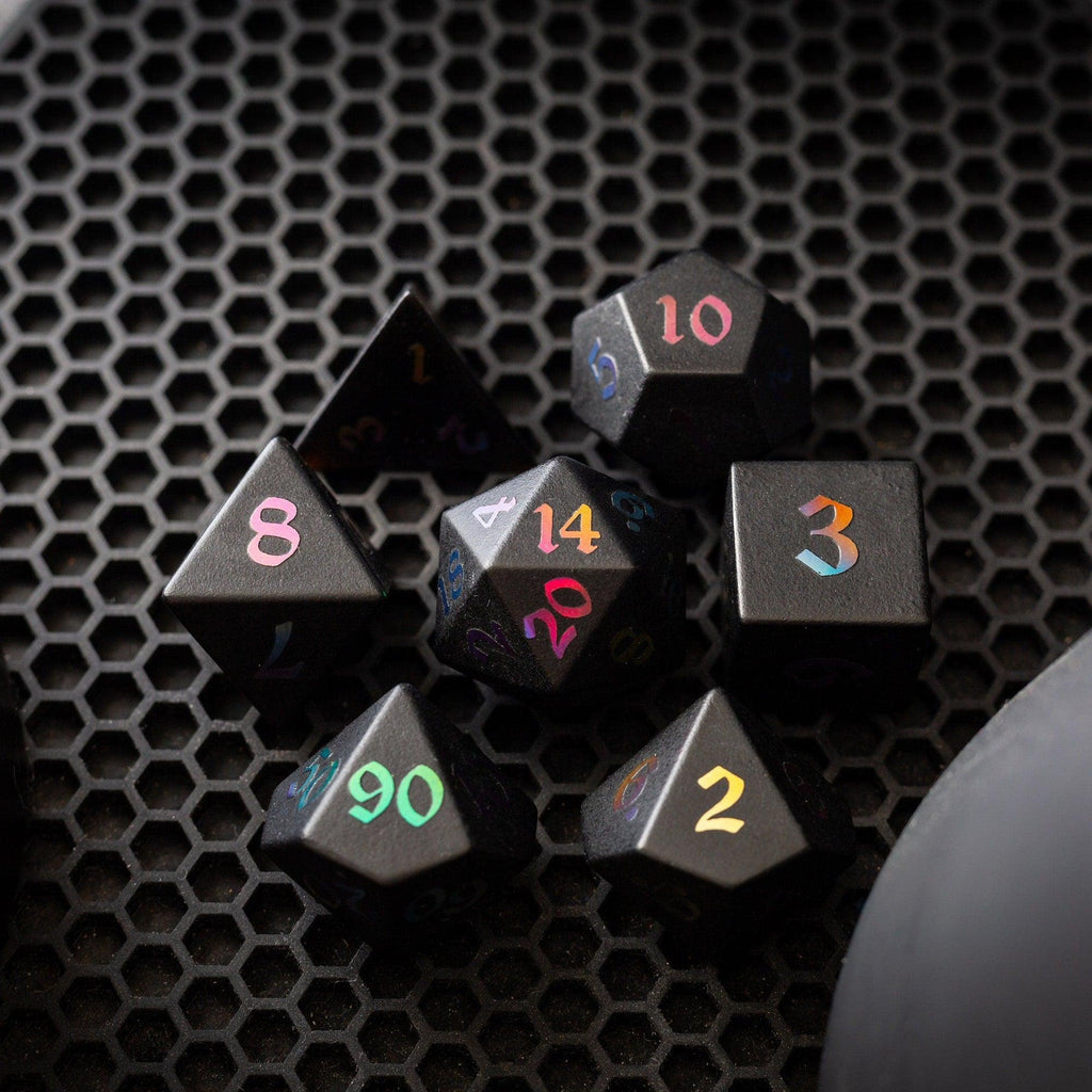 Inked Black Night Raised Obsidian Hand Carved Dice DND Set | Gemstone Dice | Wiccan Center
