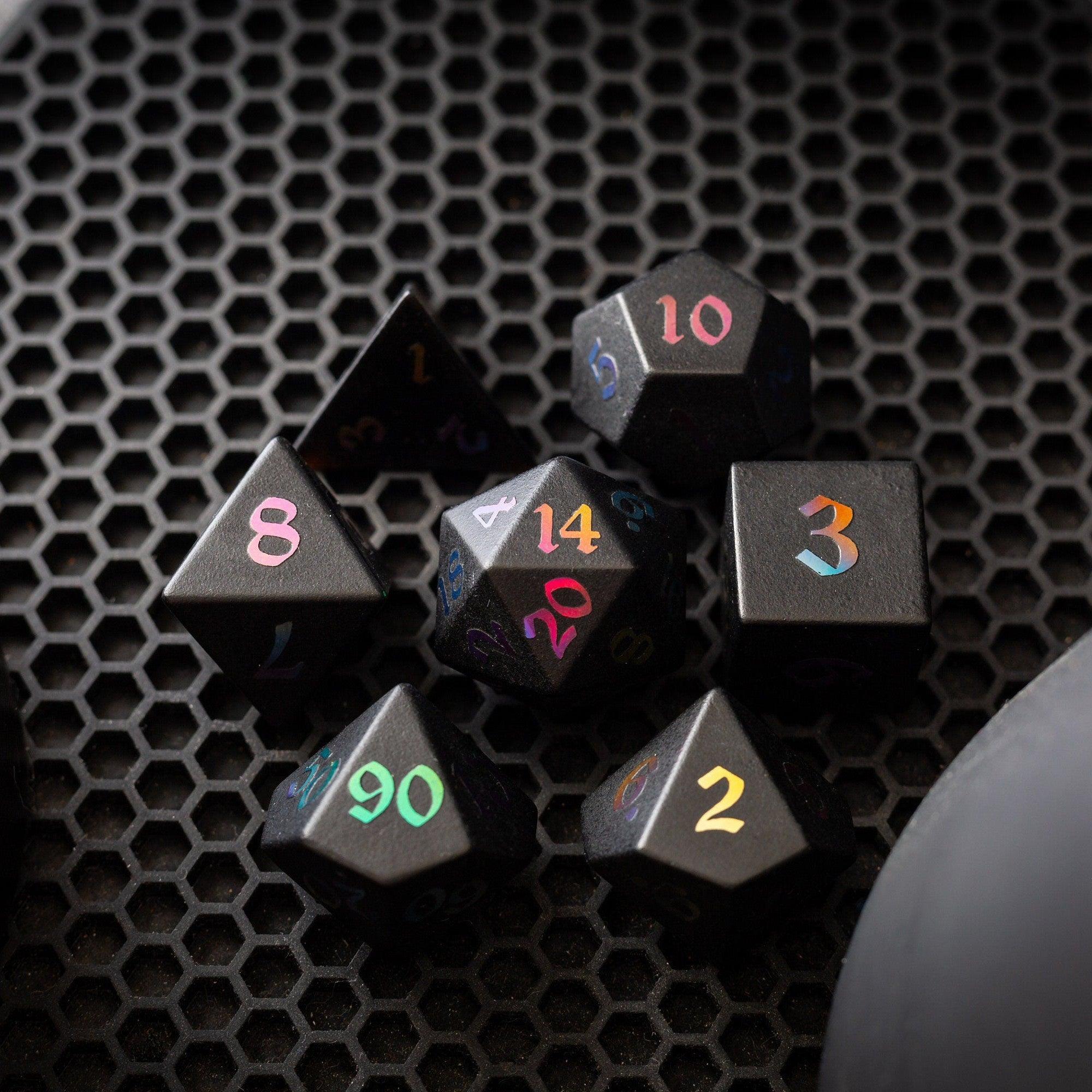 Inked Black Night Raised Obsidian Hand Carved Dice DND Set | Gemstone Dice | Wiccan Center