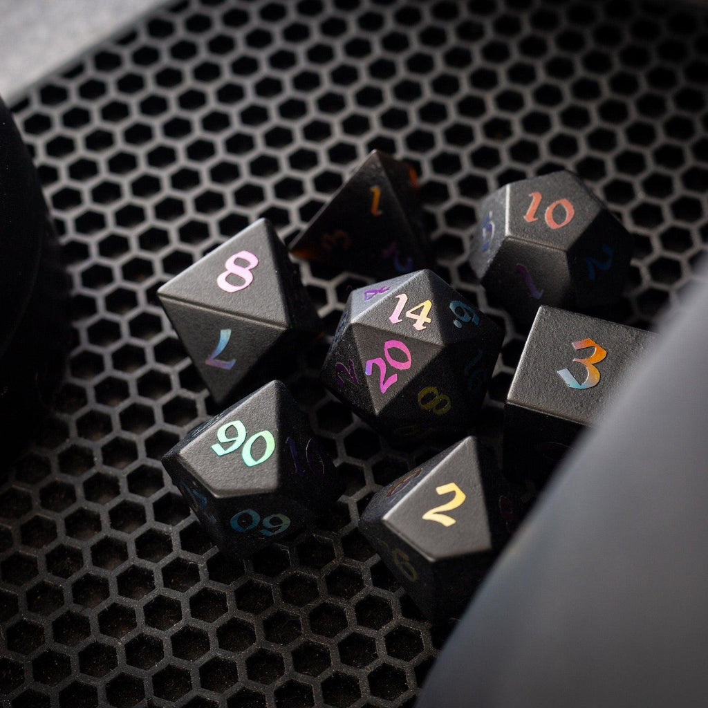 Inked Black Night Raised Obsidian Hand Carved Dice DND Set | Gemstone Dice | Wiccan Center