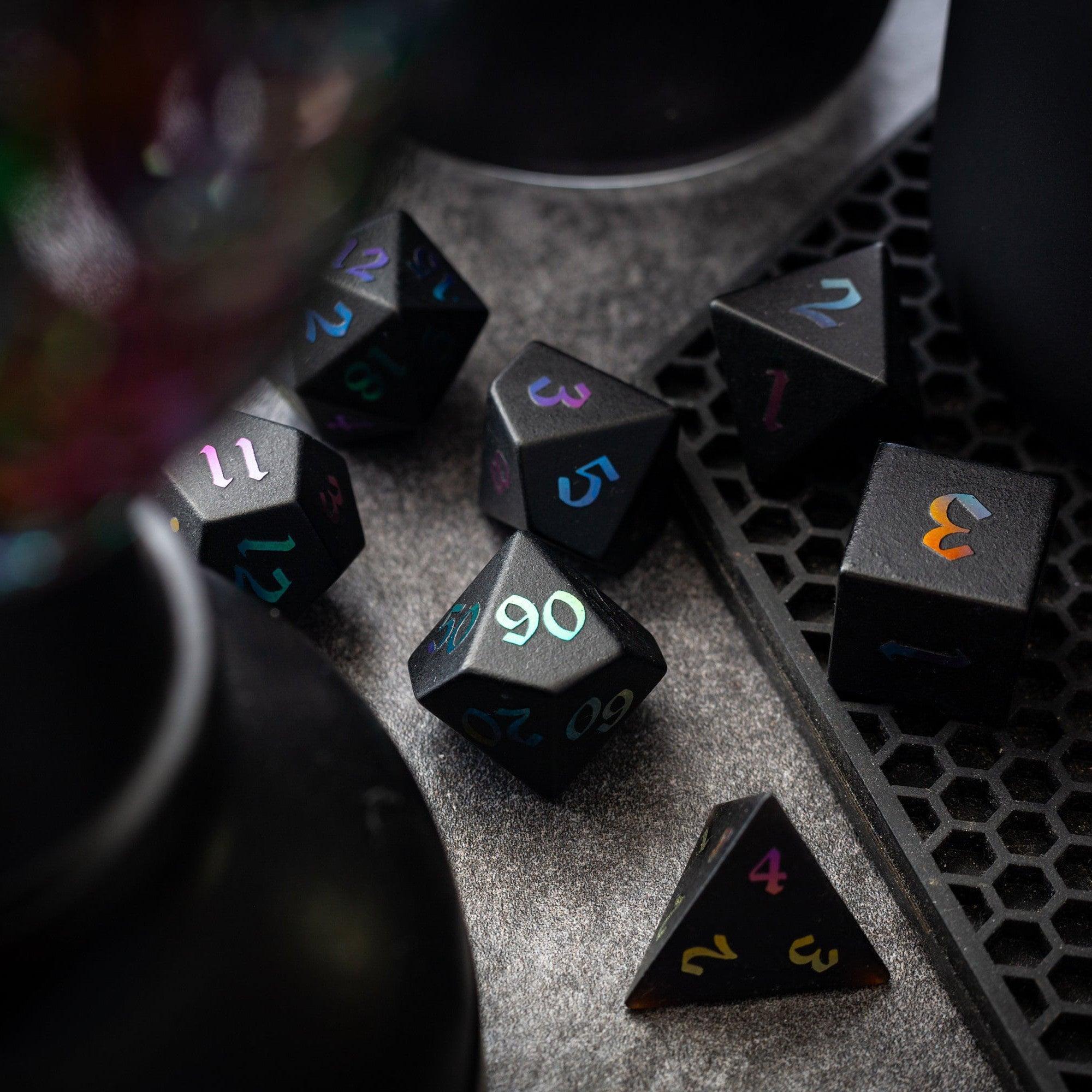 Inked Black Night Raised Obsidian Hand Carved Dice DND Set | Gemstone Dice | Wiccan Center