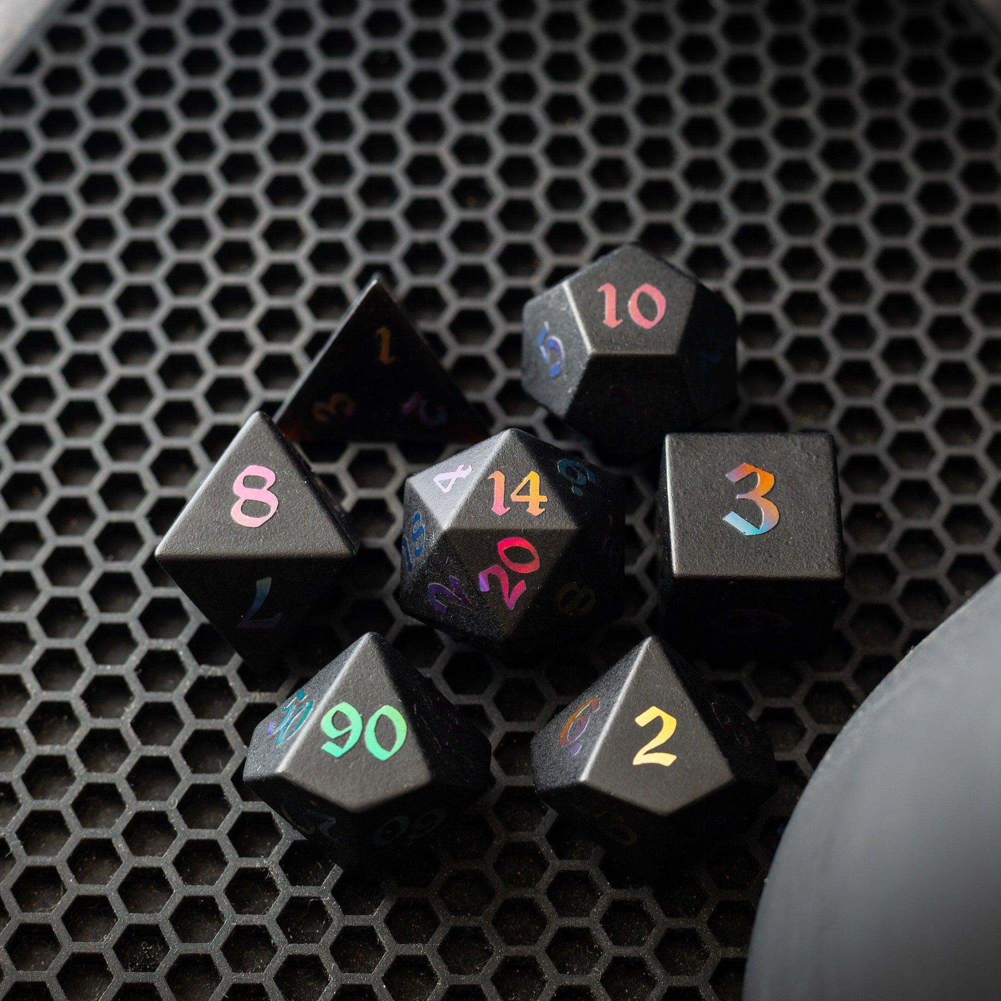 Inked Black Night Raised Obsidian Hand Carved Dice DND Set | Gemstone Dice | Wiccan Center