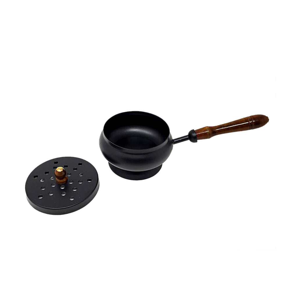 Iron Charcoal Burner with Lid & Wood Handle 9" | Incense Burner | Wiccan Center