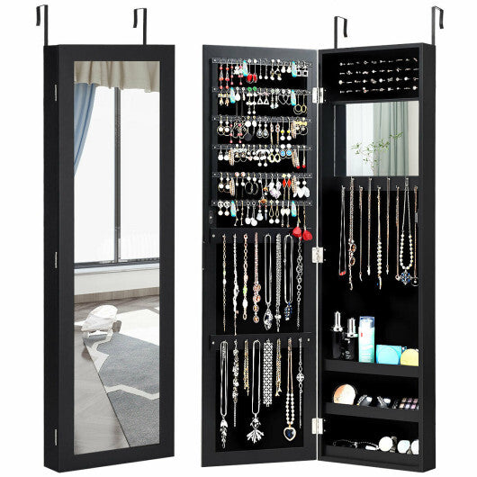 Full Length Mirror Jewelry Cabinet with Ring Slots and Necklace Hooks-Black | Bedroom | Wiccan Center