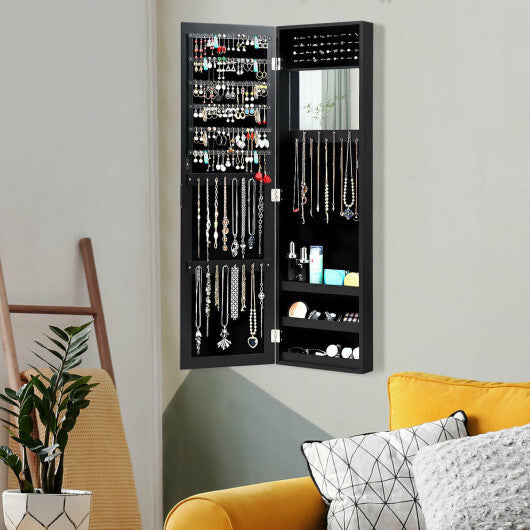 Full Length Mirror Jewelry Cabinet with Ring Slots and Necklace Hooks-Black | Bedroom | Wiccan Center