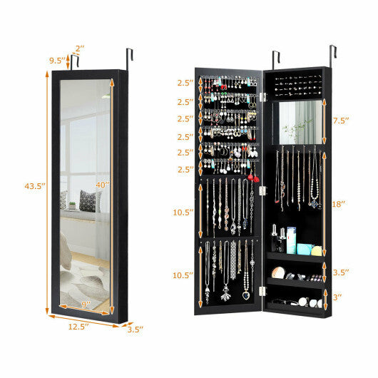Full Length Mirror Jewelry Cabinet with Ring Slots and Necklace Hooks-Black | Bedroom | Wiccan Center