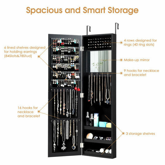 Full Length Mirror Jewelry Cabinet with Ring Slots and Necklace Hooks-Black | Bedroom | Wiccan Center