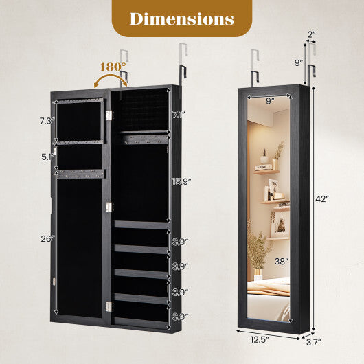 Jewelry Cabinet Wall or Door Mounted Jewelry Armoire with Full-Length Mirror-Black | Bedroom | Wiccan Center