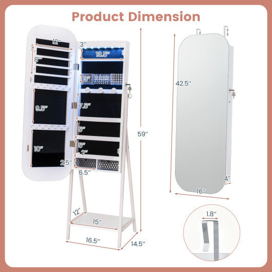 Jewelry Cabinet with Full-Length Mirror Large Storage Capacity-White | Bedroom | Wiccan Center