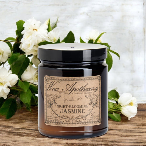6 oz Botanical Candle in Amber Glass Jar - Night-Blooming Jasmine | Candle | Wiccan Center