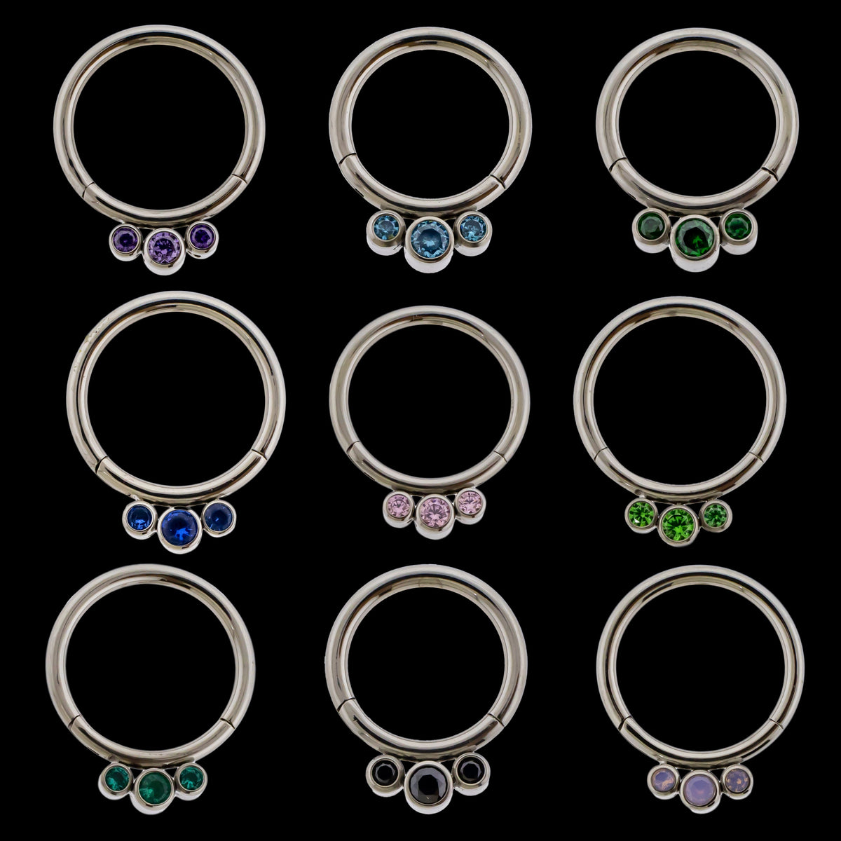 Lucienne - 16G Three Gem Titanium Hinged Ring | Body Jewelry | Wiccan Center