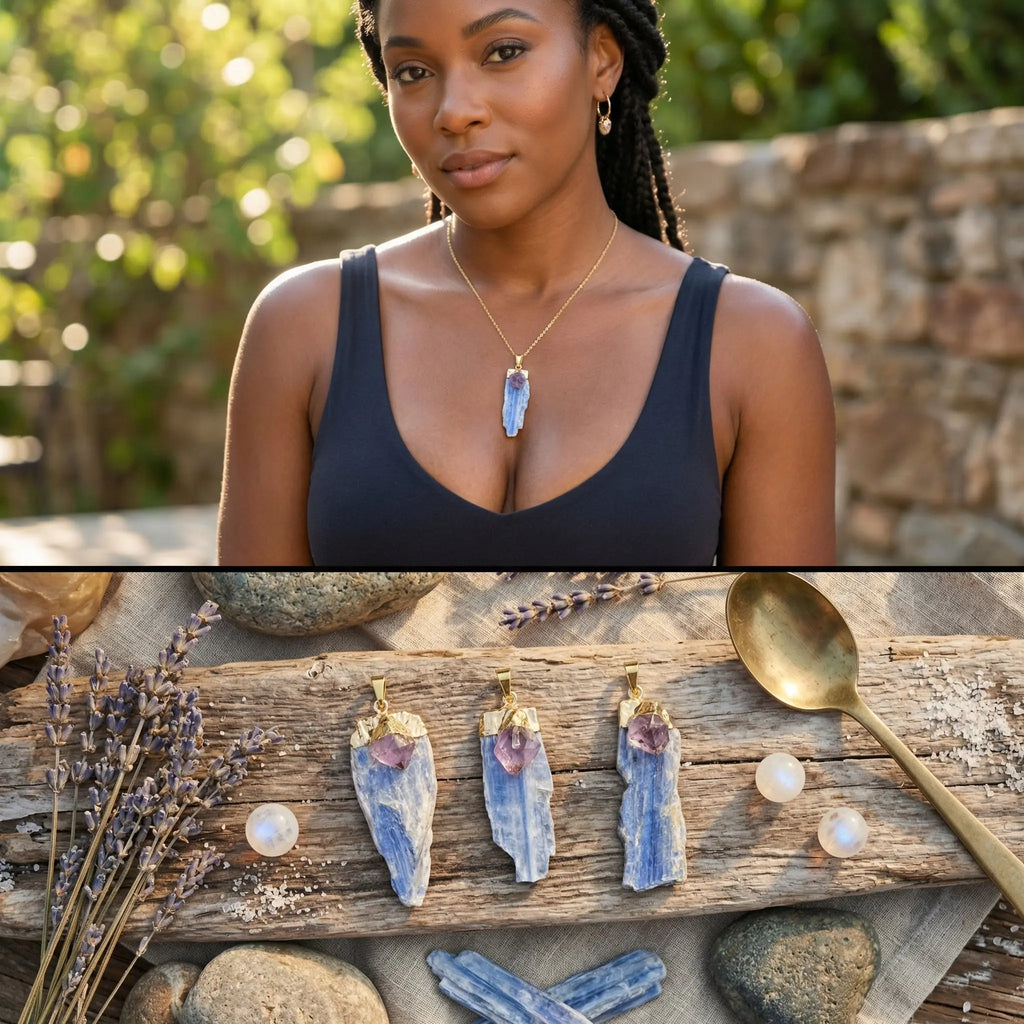 Kyanite And Amethyst Crystal Point Pendant (Gold Plated) | Jewelry > Necklaces > Crystal Necklaces | Wiccan Center