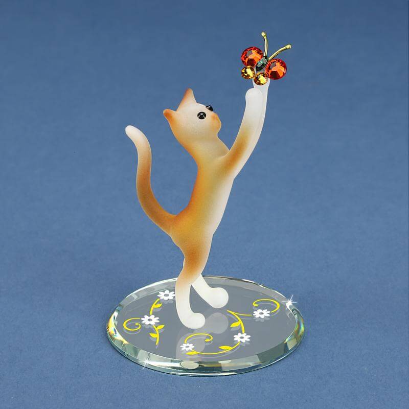 Glass Tabby Cat with Butterfly Figurine | Cats & Fairy Cats | Wiccan Center