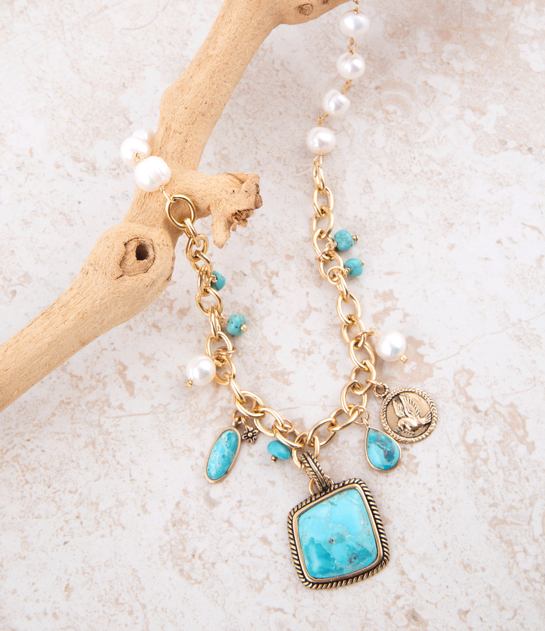 Blue Turquoise and White Pearl Multi Pendant Golden Necklace | Necklaces | Wiccan Center
