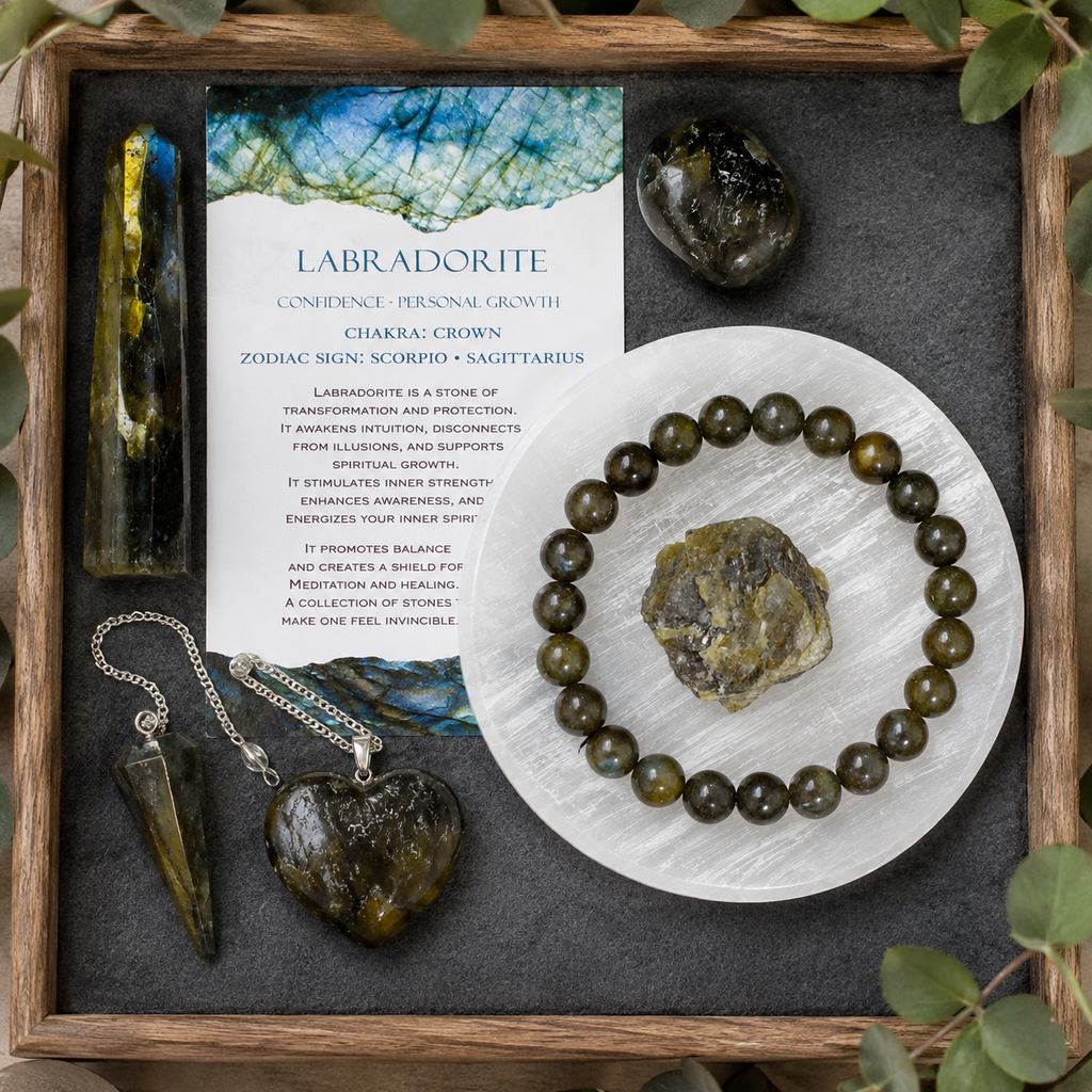 Labradorite Crystal Gift Set For Emotional Support and Protection, Real Polished Gemstones. | Merkaba & Platonic Solids | Wiccan Center