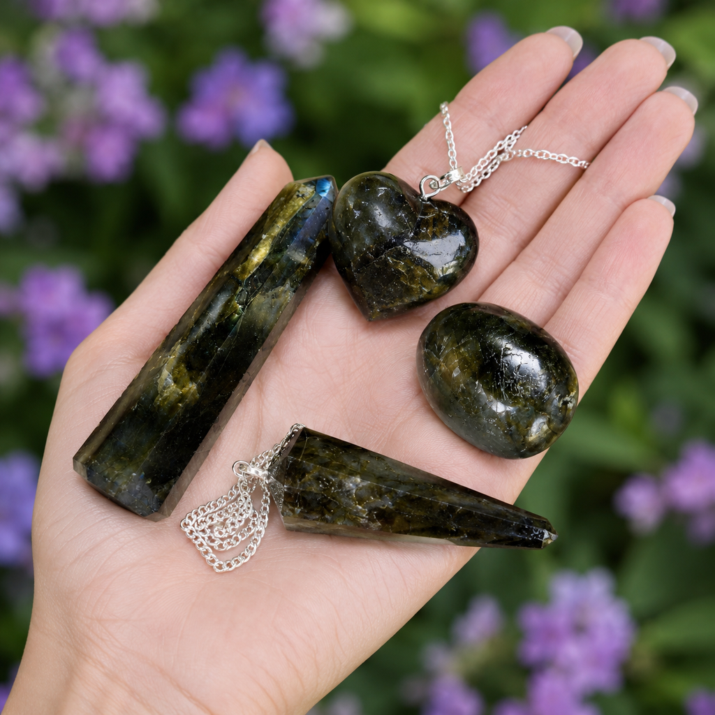 Labradorite Crystal Gift Set For Emotional Support and Protection, Real Polished Gemstones. | Merkaba & Platonic Solids | Wiccan Center
