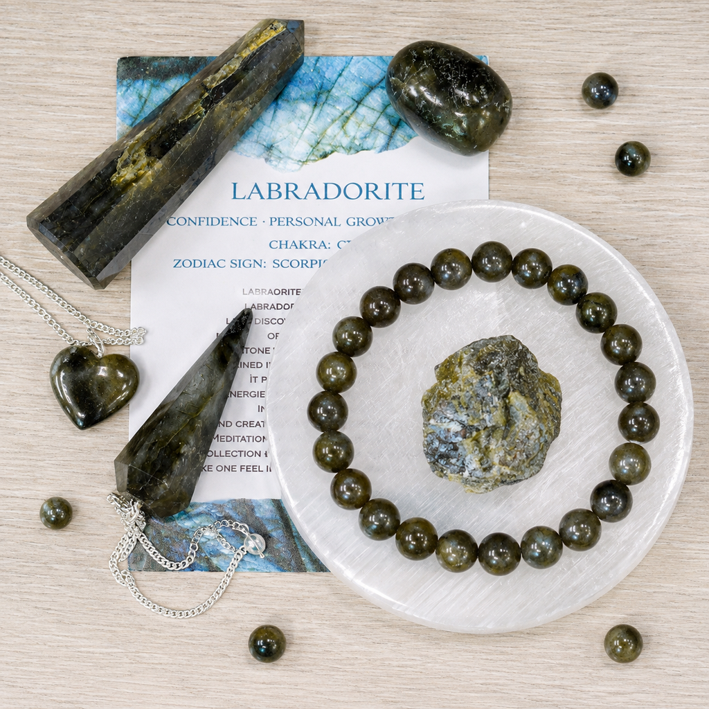 Labradorite Crystal Gift Set For Emotional Support and Protection, Real Polished Gemstones. | Merkaba & Platonic Solids | Wiccan Center