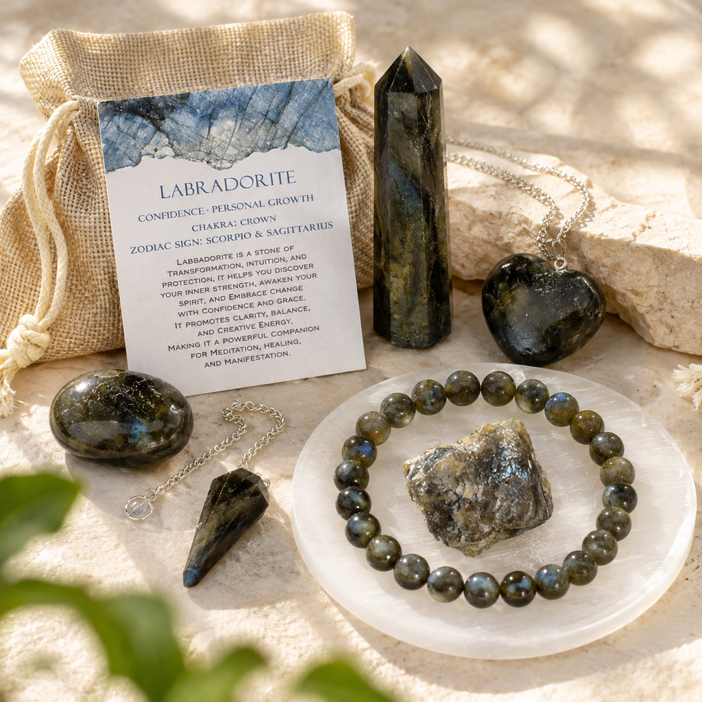 Labradorite Crystal Gift Set For Emotional Support and Protection, Real Polished Gemstones. | Merkaba & Platonic Solids | Wiccan Center