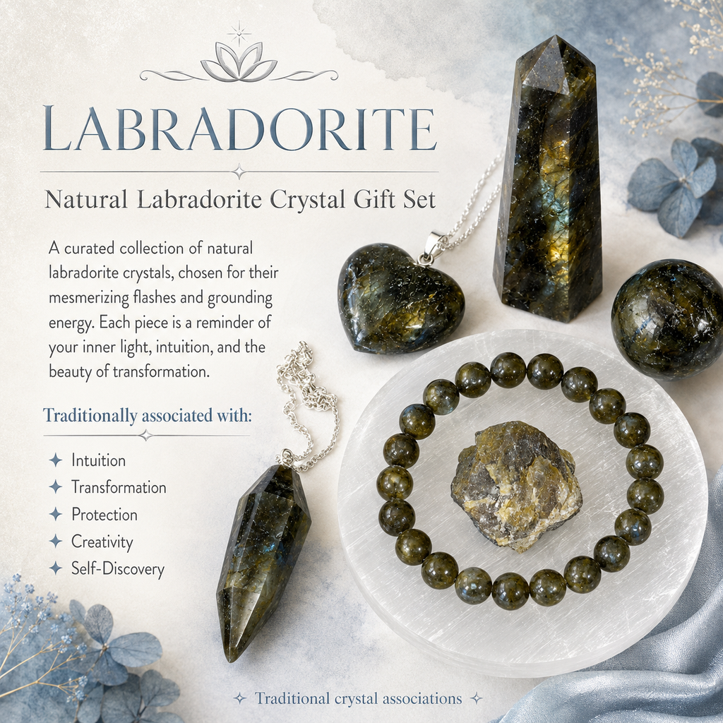 Labradorite Crystal Gift Set For Emotional Support and Protection, Real Polished Gemstones. | Merkaba & Platonic Solids | Wiccan Center
