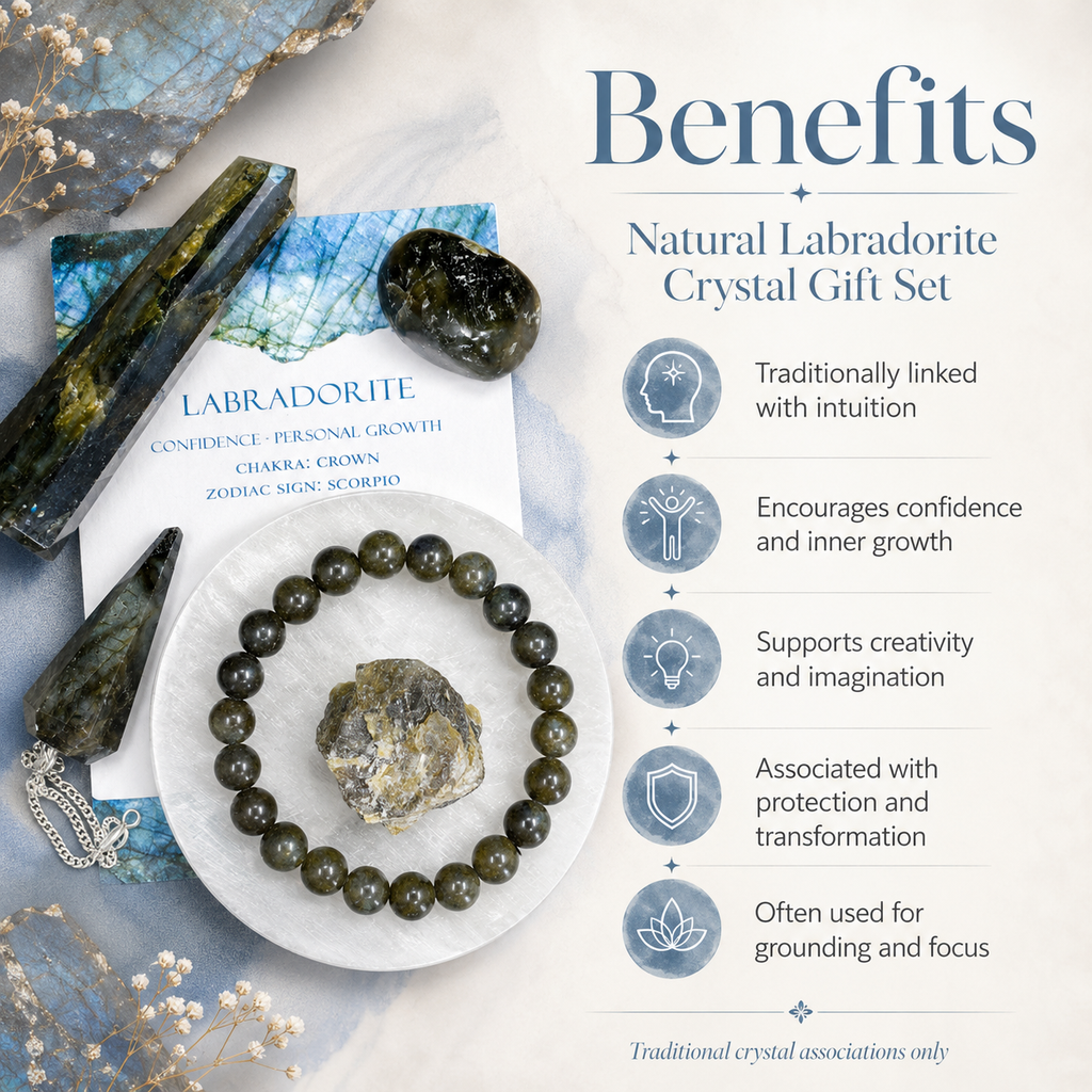 Labradorite Crystal Gift Set For Emotional Support and Protection, Real Polished Gemstones. | Merkaba & Platonic Solids | Wiccan Center