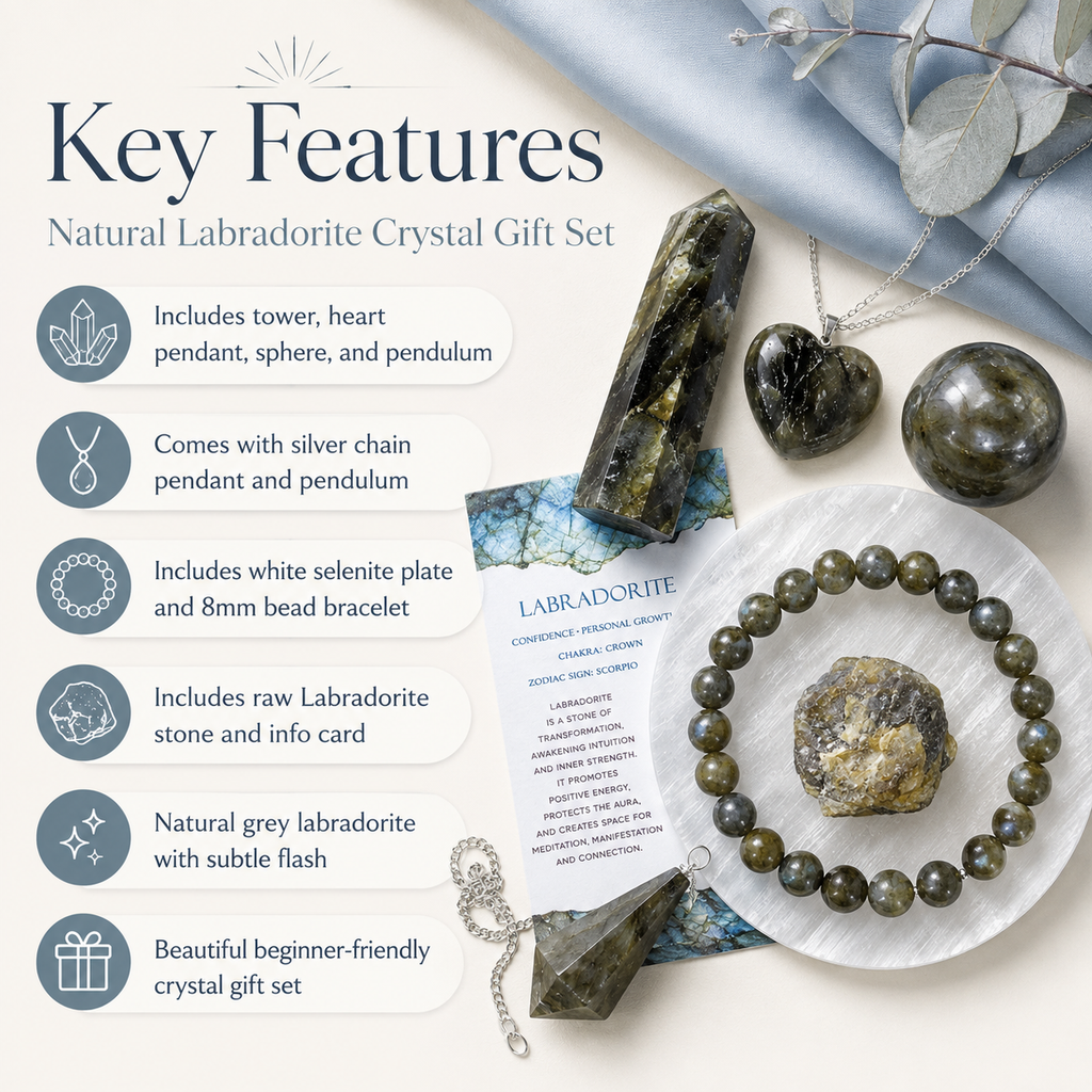 Labradorite Crystal Gift Set For Emotional Support and Protection, Real Polished Gemstones. | Merkaba & Platonic Solids | Wiccan Center
