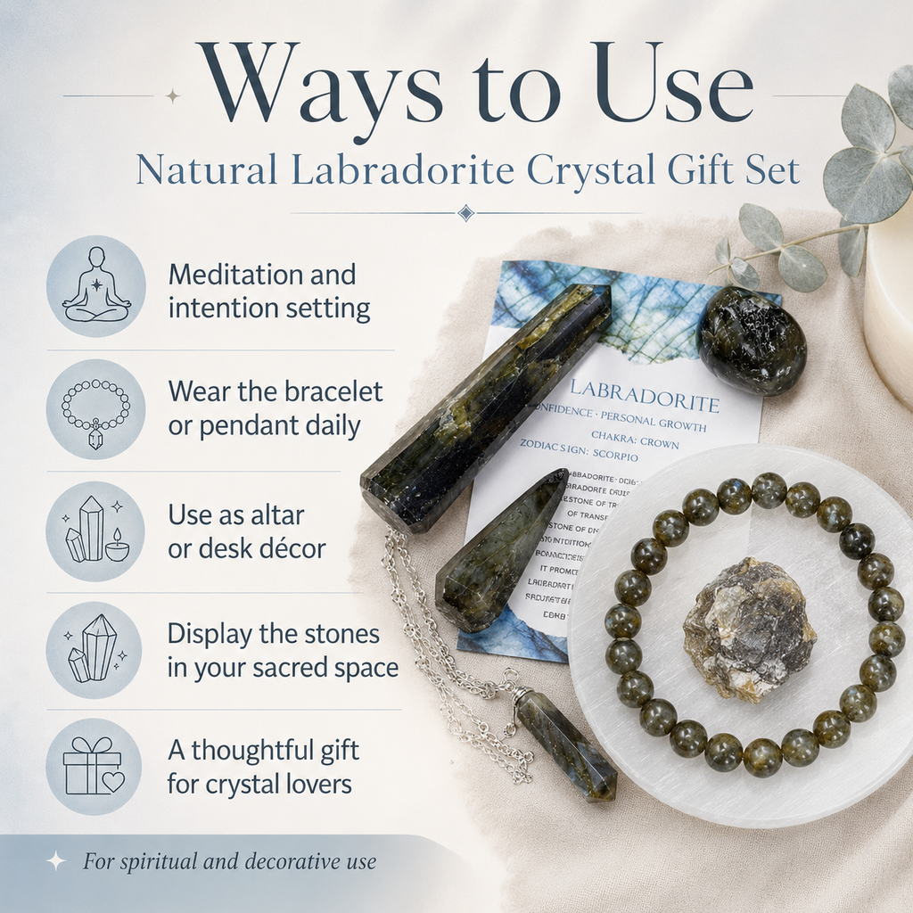 Labradorite Crystal Gift Set For Emotional Support and Protection, Real Polished Gemstones. | Merkaba & Platonic Solids | Wiccan Center
